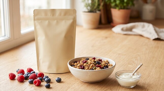 Blank breakfast pouch beside grains seeds and berries
