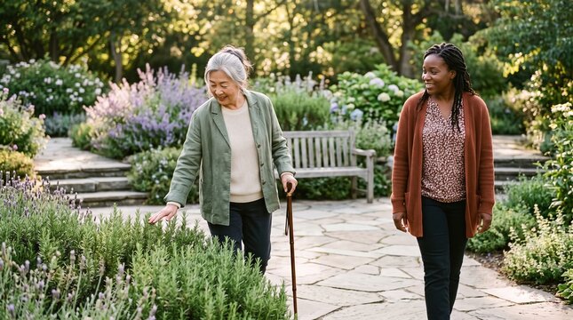 Older woman enjoys sensory herb garden with volunteer