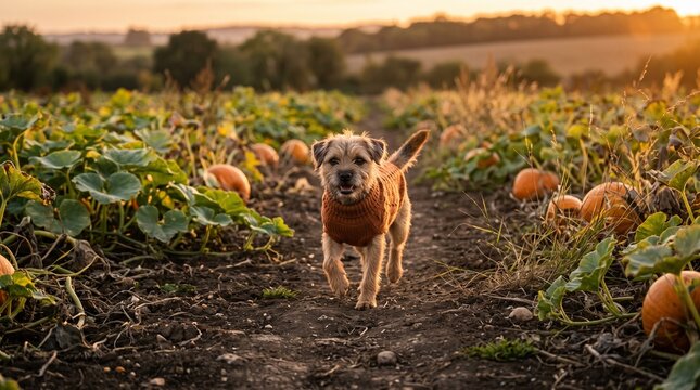 Terrier trotting along a pumpkin field path at dusk