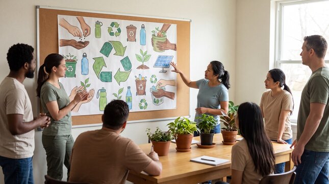 Resource Conservation, Adults observe a poster advocating for recycling and waste reduction