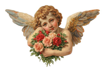 Fototapeta premium PNG Cherubic angel holding colorful roses.