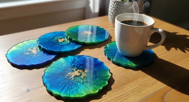 Blue and green resin coasters with a cup of coffee on a wooden table