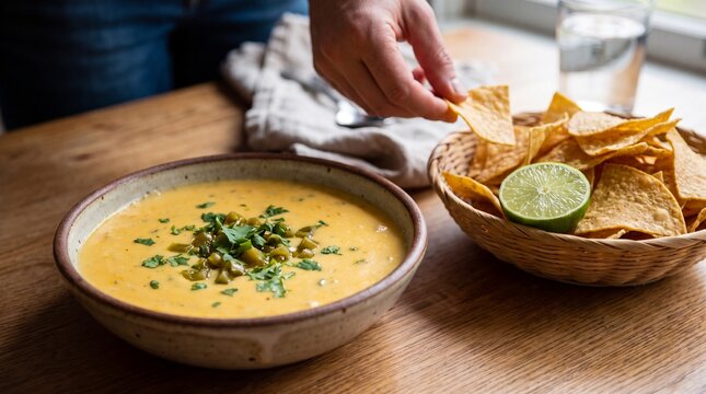 Homemade Cooking, Yellow queso sauce with tortilla chips and lime in a bowl on a table