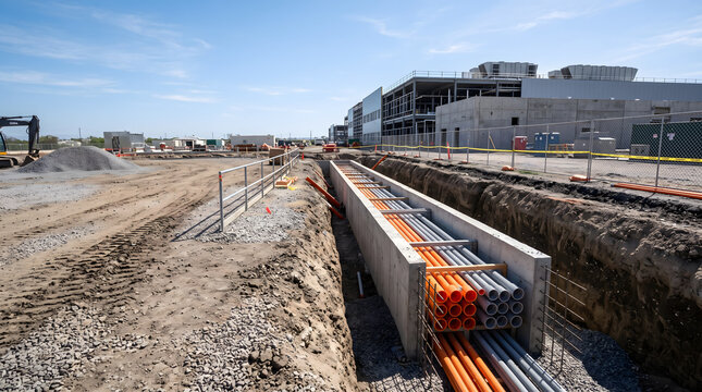 Underground Utility Trench with Orange and Gray Conduit Pipes and Concrete Walls at Data Center Construction Site