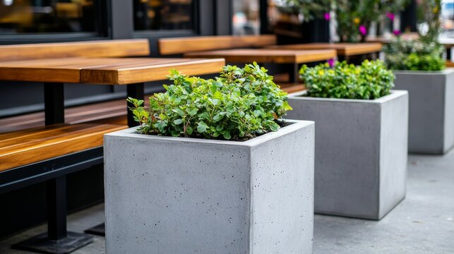Charming Street Cafe View of Outdoor cafe with modern concrete planters and wooden seating