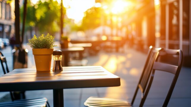 Charming Street Cafe View of Street cafe outdoor at golden hour with soft shadows empty se