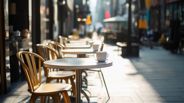 Charming Street Cafe View of Street cafe outdoor on quiet pedestrian lane soft shadows emp