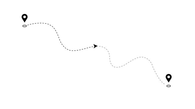 Two location points connected by directional arrow icon animation on white black background.
