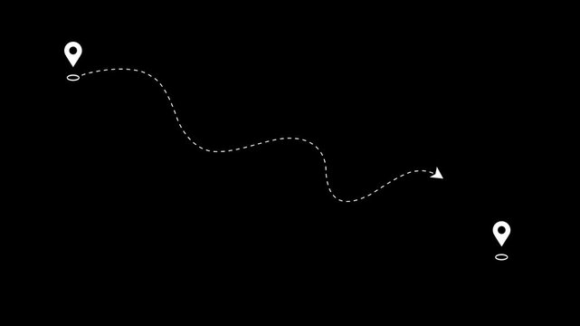 Two location points connected by directional arrow icon animation on black background.