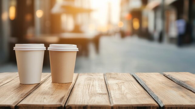 Charming Street Cafe View of Street cafe outdoor with ceramic cups on wooden table city bl
