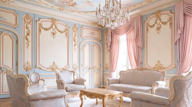 Pastel Room Decor, An elegant Rococo interior featuring intricate floral designs and soft pastel walls