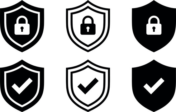 Pointed security shield icons set, data encryption padlock and verified checkmark badges
