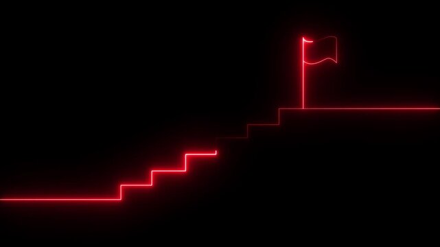 stairs icon sign icon animation on Glowing neon business graph chart concept market signs in neon lights Glowing neon line. Man and concept. 4k video