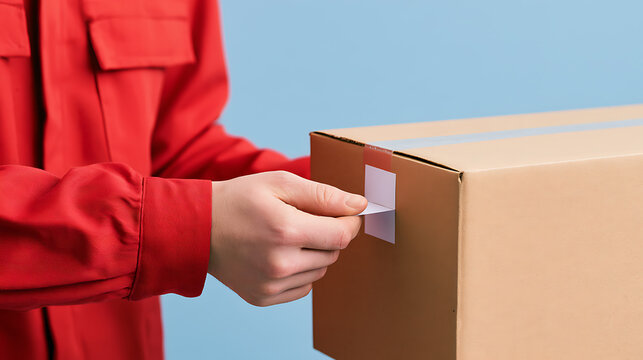 Delivery worker in red uniform apply sticker label on cardboard parcel box for shipment, postal service logistics and transport industry