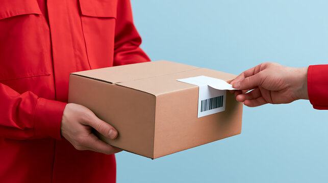 A courier in red uniform hand over a cardboard parcel box with a barcode label to a client against a light blue background, studio shot