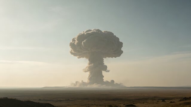 Huge nuclear explosion mushroom cloud over distant flat desert horizon. Apocalyptic destruction and war concept.
