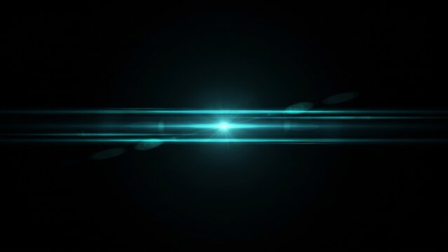 Teal anamorphic lens flare streaks on black background. Parallel cyan horizontal light lines with glowing core, sci-fi flare