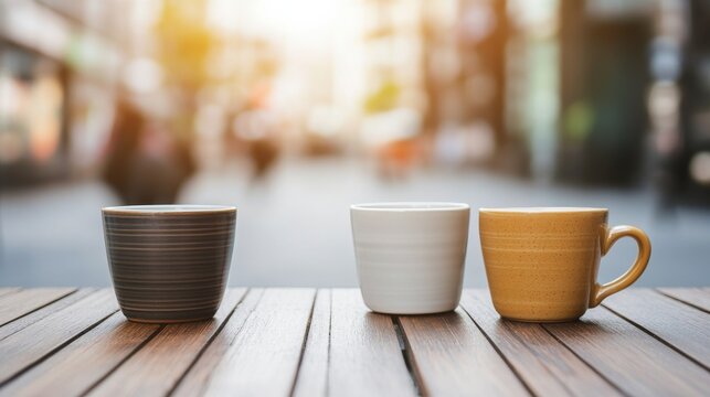 Relaxed Urban Dining Atmosphere with Street cafe outdoor with ceramic cups on wooden table city bl