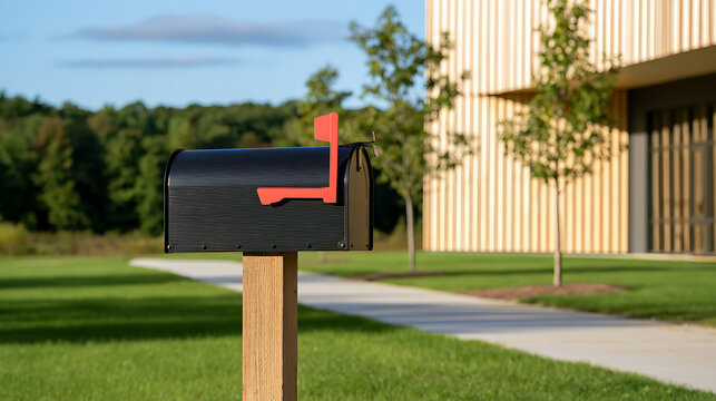 A black mailbox with a red flag stands on a wooden post in front of a modern building with a path and green lawn under a bright sun