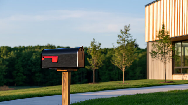 A black metal mailbox with a red flag stands on a wooden post beside a paved driveway and modern building in a peaceful green landscape