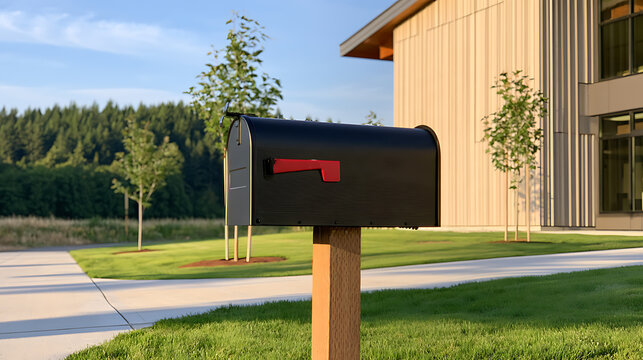 A black metal mailbox with a red flag stand on a wooden post in front of a modern commercial office building surrounded by green grass
