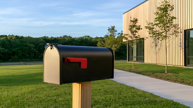 Black metal mailbox with a red flag stand on a wooden post in front of a modern wood-paneled building with green lawn and clear sky
