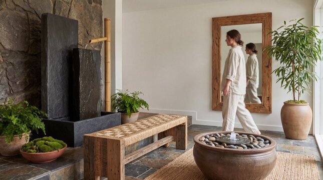 Natural Foyer Decor, A feng shui entryway with tranquil water and natural materials