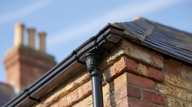 Modern black plastic rain gutter and downpipe installed on a traditional red brick house roof edge against a clear blue sky background