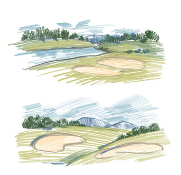 Hand-drawn golf course illustration, rough pencil sketch, design background