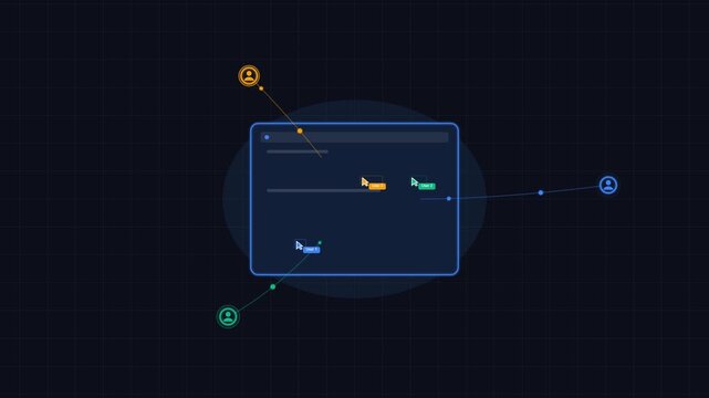 Digital communication network interface with user profile nodes and active software window on dark background connection nodes data flow technology concept system design data