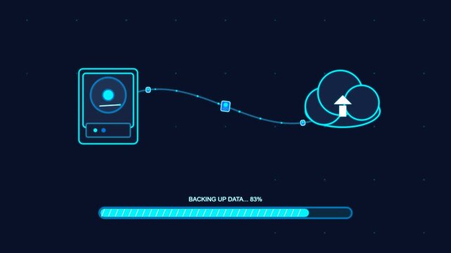 Data backup process showing hard drive connected to cloud storage with progress bar on dark tech background cloud upload storage device system transfer digital archiving upload