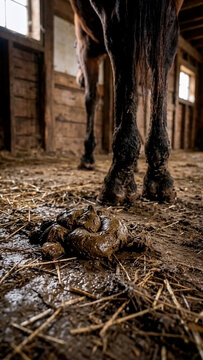 A horse stands over fresh manure on the muddy floor inside a wooden stable