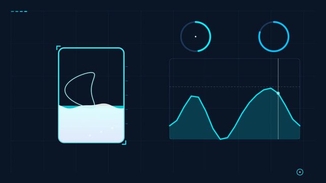 Futuristic user interface hud elements showing liquid level indicator and fluctuating line graph data hud element data visualization infographic design digital dashboard analytics display