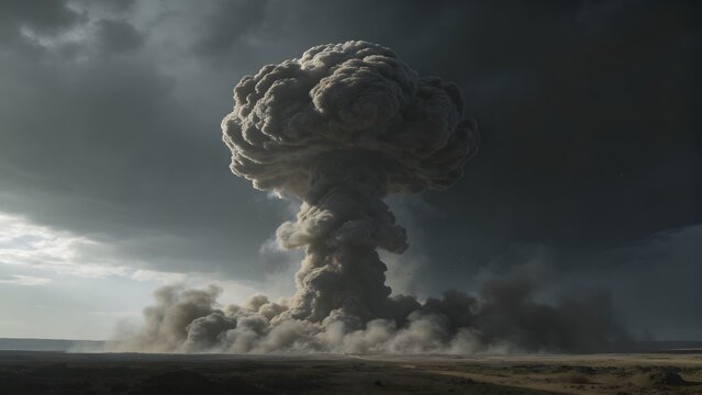 Low angle shot of towering nuclear explosion mushroom cloud rising from barren ground. Dramatic apocalyptic destruction and war concept.
