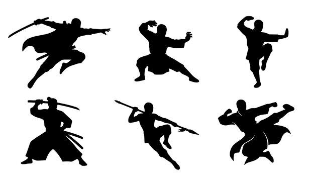Asian culture martial arts silhouette vector set with dynamic kung fu ninja and traditional warrior poses for graphic design