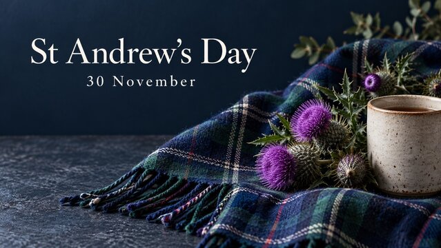 St Andrews Day still life concept with traditional scottish tartan plaid fabric purple thistle flowers and cup on dark table