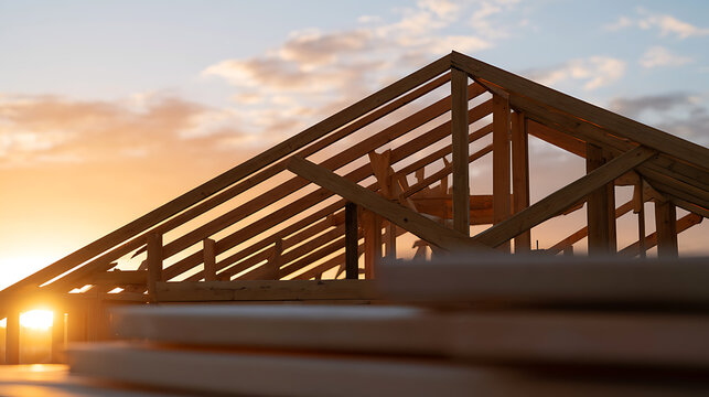 Wooden roof truss frame under construction against a dramatic sunset sky, illustrating residential building site and carpentry framework
