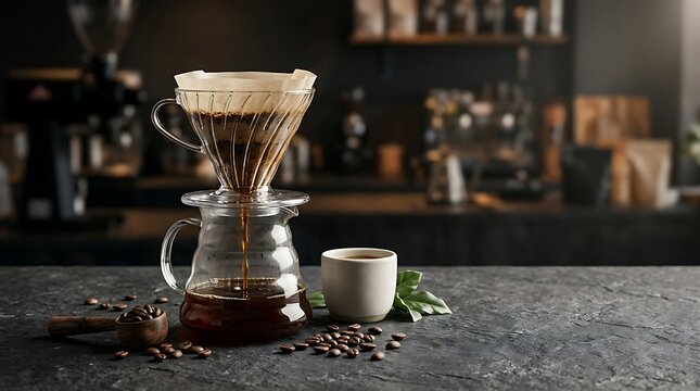 Fresh black coffee dripping from glass dripper into carafe on dark stone table.