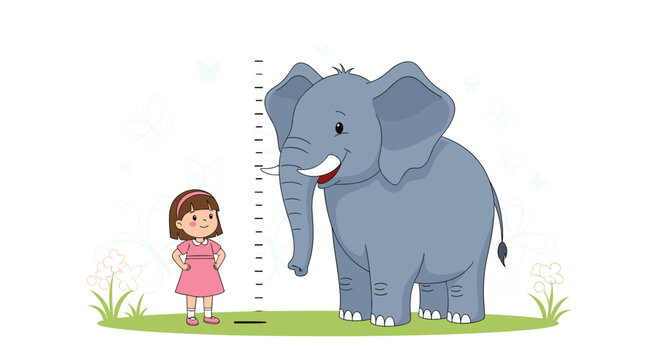 Cute little girl measuring her height next to a friendly giant elephant in a simple growth chart scale.