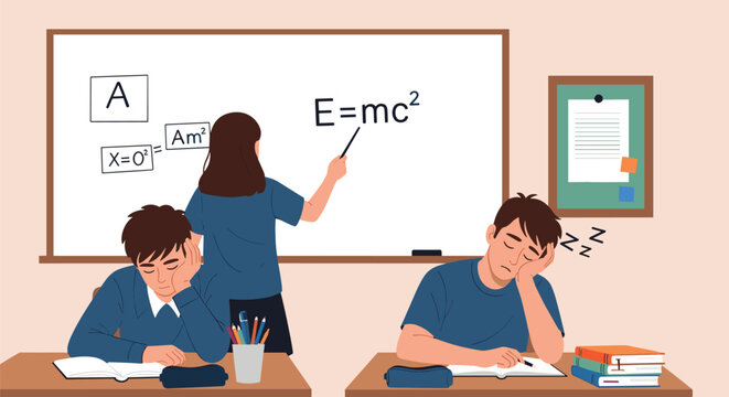Physics teacher explaining a formula on a whiteboard while two bored students sleep at their desks.