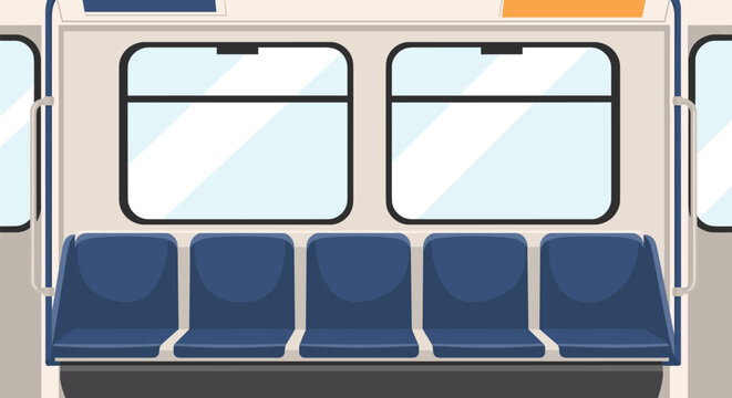 Modern empty subway car interior featuring a row of blue passenger seats, large windows, and metallic handrails.