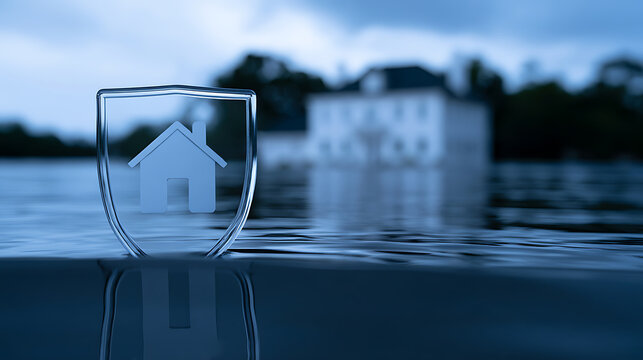 Home insurance concept with a glass shield protecting a house model against flood water and disaster, representing real estate safety security