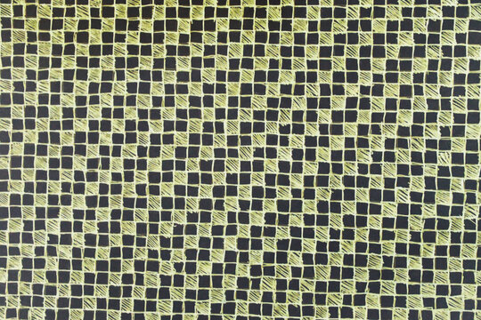 Abstract hand drawn yellow checkered pattern grid texture with crosshatch shading on black background.