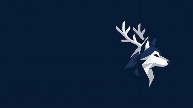 Geometric wolf deer logo icon with antlers in low poly style on dark navy blue background with copy space for modern corporate branding or creative identity design