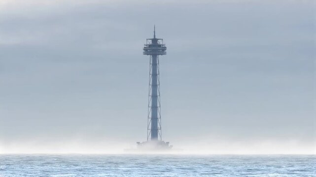 Sea mist drifting beside an offshore wind tower