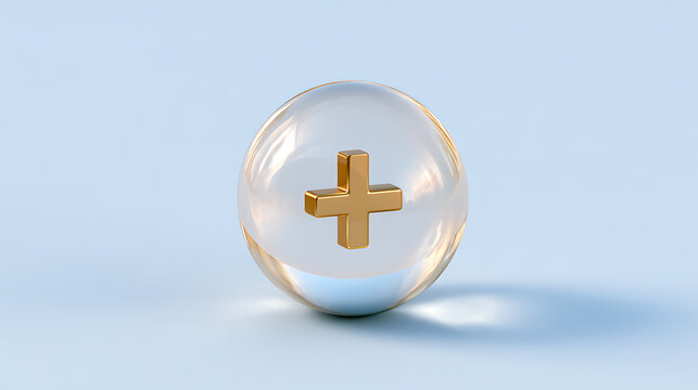 A golden plus sign symbol inside a transparent glass sphere isolated on a soft blue background representing addition value and medical care