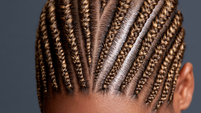 Close-up rear view of woman with stylish cornrow braids hairstyle showcasing intricate patterns and highlights for modern beauty concepts