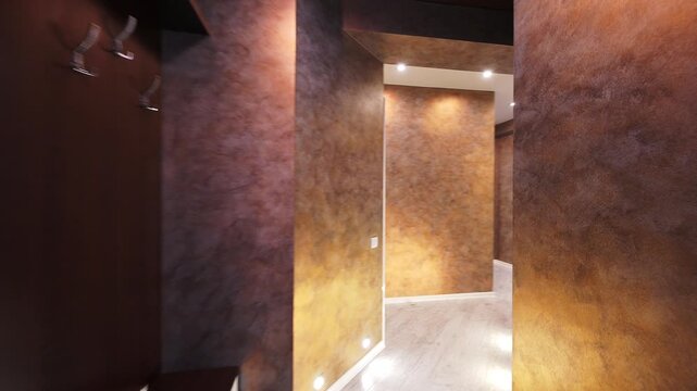 Compact hallway features warm-toned decorative plaster walls, dark wood console, wall hooks, and subtle recessed lighting