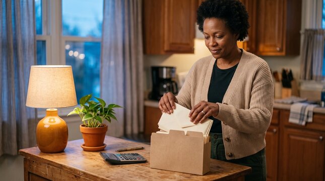 Woman organizes utility envelopes after budgeting