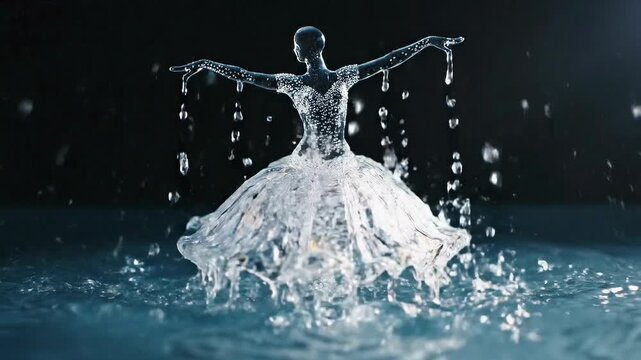 Water drop transforms into ballerina in an indoor setting with a dark background